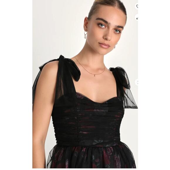 Lulus Striking Scene Black Floral Mesh Ruched Tie-Strap Midi Dress Size XL - Picture 7 of 11